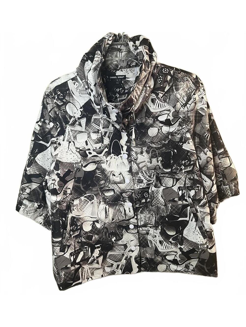 Samuel Dong Vintage Black White Novelty Pring Cropped Jacket Art to Wear XL